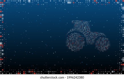 On the right is the tractor symbol filled with white dots. Pointillism style. Abstract futuristic frame of dots and circles. Some dots is red. Vector illustration on blue background with stars
