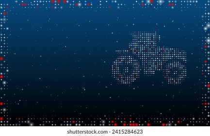 On the right is the tractor symbol filled with white dots. Pointillism style. Abstract futuristic frame of dots and circles. Some dots is red. Vector illustration on blue background with stars