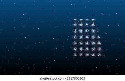 On the right is the trapezium symbol filled with white dots. Background pattern from dots and circles of different shades. Vector illustration on blue background with stars