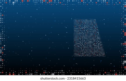 On the right is the trapezium symbol filled with white dots. Pointillism style. Abstract futuristic frame of dots and circles. Some dots is red. Vector illustration on blue background with stars