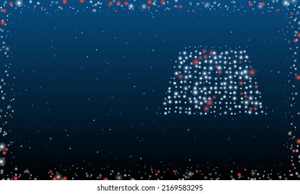On the right is the trapezoid symbol filled with white dots. Pointillism style. Abstract futuristic frame of dots and circles. Some dots is red. Vector illustration on blue background with stars