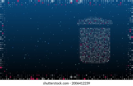 On the right is the trash symbol filled with white dots. Pointillism style. Abstract futuristic frame of dots and circles. Some dots is pink. Vector illustration on blue background with stars