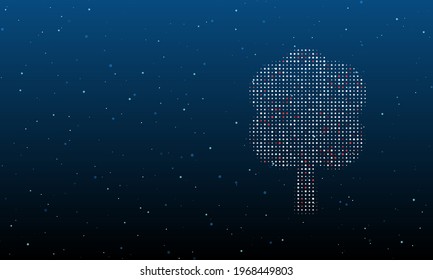 On the right is the tree symbol filled with white dots. Background pattern from dots and circles of different shades. Vector illustration on blue background with stars