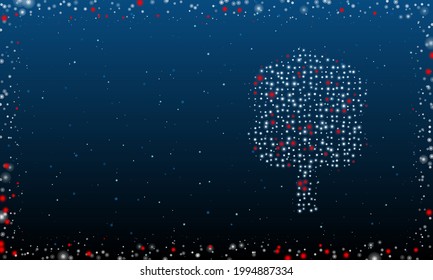 On the right is the tree symbol filled with white dots. Pointillism style. Abstract futuristic frame of dots and circles. Some dots is red. Vector illustration on blue background with stars