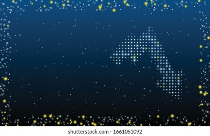 A la derecha - una tendencia hacia abajo llena de puntos blancos. Dibujo futurista abstracto de puntos y círculos blancos. Algunos puntos son amarillos. Ilustración vectorial sobre fondo azul con estrellas