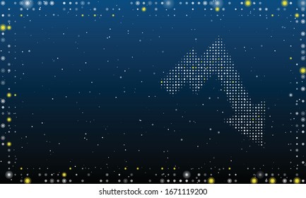 On the right - a trend down line filled with white dots. Abstract futuristic frame of white dots and circles. Some dots is yellow. Vector illustration on blue background with stars