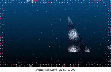 A la derecha está el símbolo del triángulo derecho relleno de puntos blancos. Estilo de puntillismo. Resumen marco futurista de puntos y círculos. Algunos puntos son rosas. Ilustración vectorial sobre fondo azul con estrellas