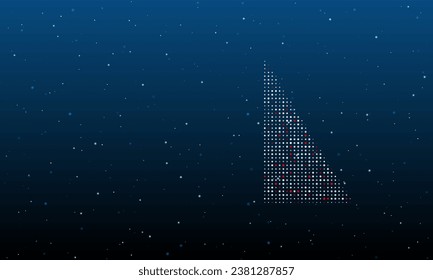 On the right is the right triangle symbol filled with white dots. Background pattern from dots and circles of different shades. Vector illustration on blue background with stars