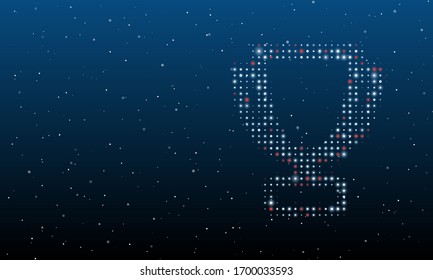 On the right is the trophy symbol filled with white dots. Background pattern from white dots and circles of different shades. Some dots is red. Vector illustration on blue background with stars