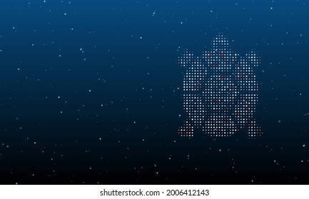 Rechts ist das Schildkrötensymbol mit weißen Punkten gefüllt. Hintergrundmuster aus Punkten und Kreisen verschiedener Farben. Vektorgrafik auf blauem Hintergrund mit Sternen