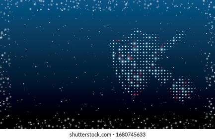 On the right is the virus bounces off the shield symbol filled with white dots. Abstract futuristic frame of white dots and circles. Some dots is red. Vector illustration on blue background with stars