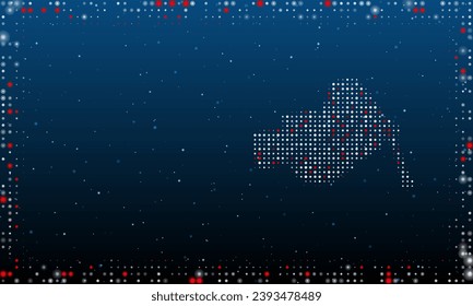 On the right is the vise symbol filled with white dots. Pointillism style. Abstract futuristic frame of dots and circles. Some dots is red. Vector illustration on blue background with stars