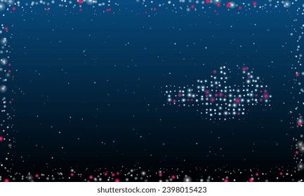 On the right is the vise symbol filled with white dots. Pointillism style. Abstract futuristic frame of dots and circles. Some dots is pink. Vector illustration on blue background with stars