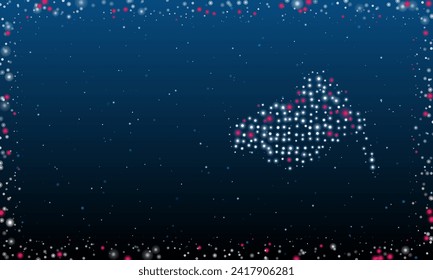 On the right is the vise symbol filled with white dots. Pointillism style. Abstract futuristic frame of dots and circles. Some dots is pink. Vector illustration on blue background with stars