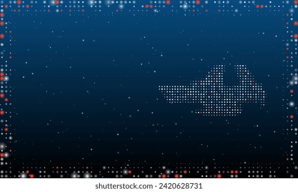 On the right is the vise symbol filled with white dots. Pointillism style. Abstract futuristic frame of dots and circles. Some dots is red. Vector illustration on blue background with stars