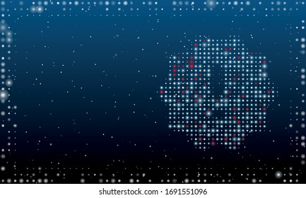 On the right is the warning symbol filled with white dots. Abstract futuristic frame of white dots and circles. Some dots is red. Vector illustration on blue background with stars