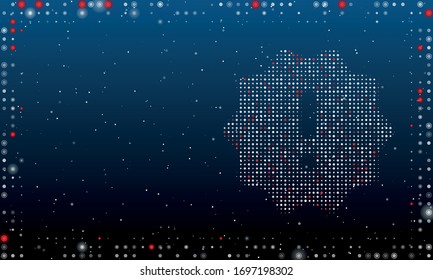 On the right is the warning symbol filled with white dots. Abstract futuristic frame of white dots and circles. Some dots is red. Vector illustration on blue background with stars