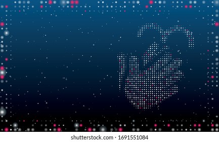 On the right is the washing hands symbol filled with white dots. Abstract futuristic frame of white dots and circles. Some dots is pink. Vector illustration on blue background with stars