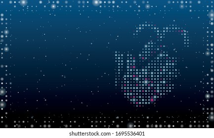 On the right is the washing hands symbol filled with white dots. Abstract futuristic frame of white dots and circles. Some dots is pink. Vector illustration on blue background with stars