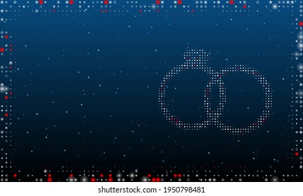 On the right is the wedding rings symbol filled with white dots. Pointillism style. Abstract futuristic frame of dots and circles. Some dots is red. Vector illustration on blue background with stars