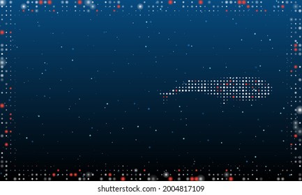 On the right is the whale symbol filled with white dots. Pointillism style. Abstract futuristic frame of dots and circles. Some dots is red. Vector illustration on blue background with stars