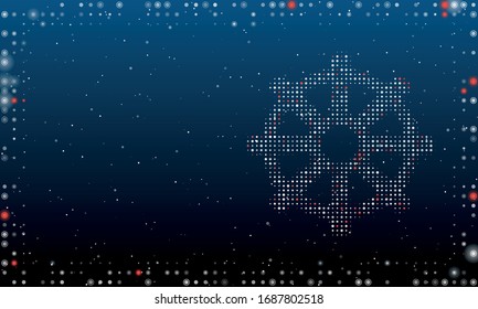 On the right is the wheel symbol filled with white dots. Abstract futuristic frame of white dots and circles. Some dots is red. Vector illustration on blue background with stars