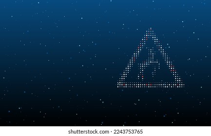Auf der rechten Seite befindet sich das Straßensymbol der Wildtiere, das mit weißen Punkten gefüllt ist. Hintergrundmuster aus Punkten und Kreisen verschiedener Farben. Vektorgrafik auf blauem Hintergrund mit Sternen