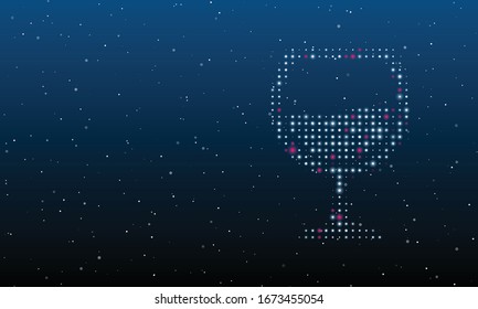 On the right is the wineglass symbol filled with white dots. Background pattern from white dots and circles of different shades. Some dots is pink. Vector illustration on blue background with stars