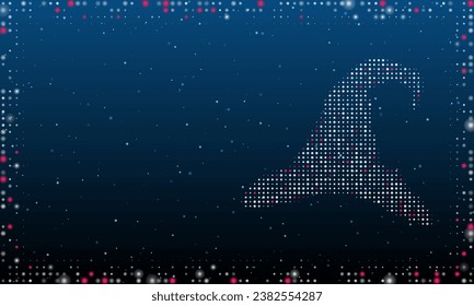 On the right is the wizard hat symbol filled with white dots. Pointillism style. Abstract futuristic frame of dots and circles. Some dots is pink. Vector illustration on blue background with stars