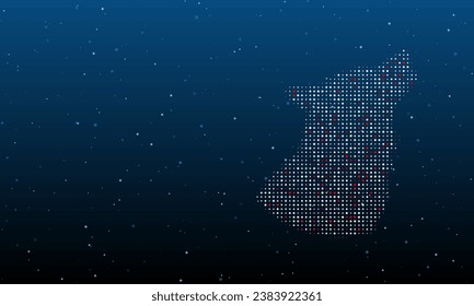 On the right is the wolf head symbol filled with white dots. Background pattern from dots and circles of different shades. Vector illustration on blue background with stars