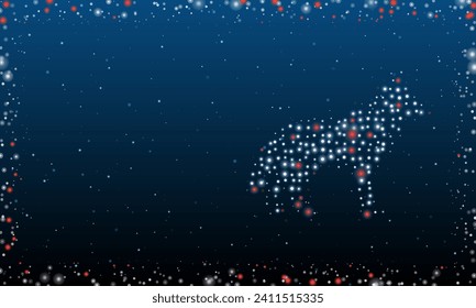 On the right is the wolf symbol filled with white dots. Pointillism style. Abstract futuristic frame of dots and circles. Some dots is red. Vector illustration on blue background with stars