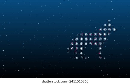 On the right is the wolf symbol filled with white dots. Background pattern from dots and circles of different shades. Vector illustration on blue background with stars
