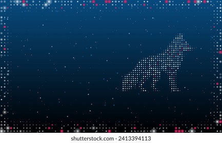 On the right is the wolf symbol filled with white dots. Pointillism style. Abstract futuristic frame of dots and circles. Some dots is pink. Vector illustration on blue background with stars