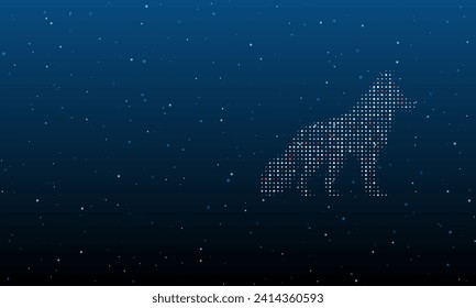 On the right is the wolf symbol filled with white dots. Background pattern from dots and circles of different shades. Vector illustration on blue background with stars