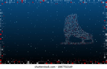 On the right is the womens ice skate symbol filled with white dots. Abstract futuristic frame of dots and circles. Vector illustration on blue background with stars