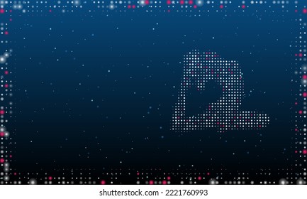 On the right is the yoga stretching pose symbol filled with white dots. Abstract futuristic frame of dots and circles. Vector illustration on blue background with stars