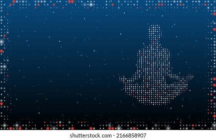 On the right is the yoga symbol filled with white dots. Pointillism style. Abstract futuristic frame of dots and circles. Some dots is red. Vector illustration on blue background with stars