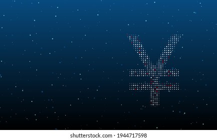 On the right is the yuan symbol filled with white dots. Background pattern from dots and circles of different shades. Vector illustration on blue background with stars