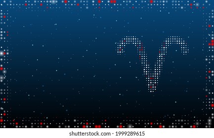 On the right is the zodiac aries symbol filled with white dots. Pointillism style. Abstract futuristic frame of dots and circles. Some dots is red. Vector illustration on blue background with stars