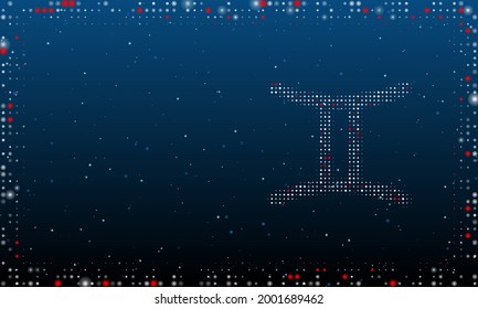 On the right is the zodiac gemini symbol filled with white dots. Pointillism style. Abstract futuristic frame of dots and circles. Some dots is red. Vector illustration on blue background with stars