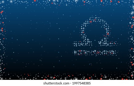 On the right is the zodiac libra symbol filled with white dots. Pointillism style. Abstract futuristic frame of dots and circles. Some dots is red. Vector illustration on blue background with stars