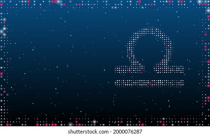 On the right is the zodiac libra symbol filled with white dots. Pointillism style. Abstract futuristic frame of dots and circles. Some dots is pink. Vector illustration on blue background with stars