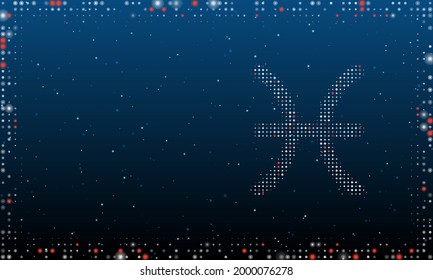 On the right is the zodiac pisces symbol filled with white dots. Pointillism style. Abstract futuristic frame of dots and circles. Some dots is red. Vector illustration on blue background with stars
