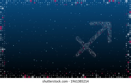On the right is the zodiac sagittarius symbol filled with white dots. Abstract futuristic frame of dots and circles. Vector illustration on blue background with stars
