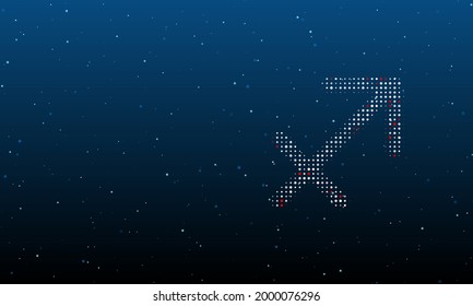 On the right is the zodiac sagittarius symbol filled with white dots. Background pattern from dots and circles of different shades. Vector illustration on blue background with stars