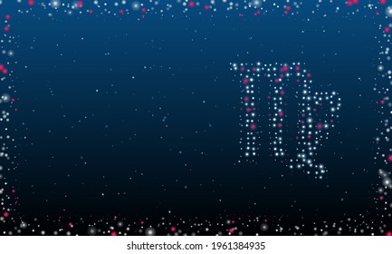On the right is the zodiac virgo symbol filled with white dots. Pointillism style. Abstract futuristic frame of dots and circles. Some dots is pink. Vector illustration on blue background with stars