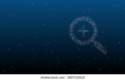 On the right is the zoom in symbol filled with white dots. Background pattern from dots and circles of different shades. Vector illustration on blue background with stars