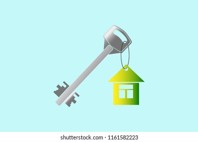 On the ring of the metal key hangs a house in the form of a keychain