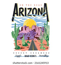 On The Road Arizona Desert Dreamers, Wilderness background. Safari. Wild West. Vector illustration. Desert vibes with cactus vintage graphic print design for t shirt and others.