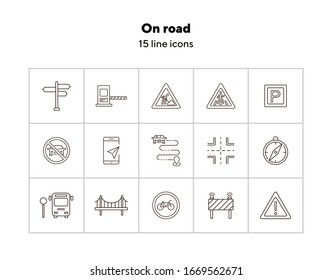 On road line icons. Set of line icons. Compass, bus stop, route. Traffic concept. Vector illustration can be used for topics like navigation, travelling